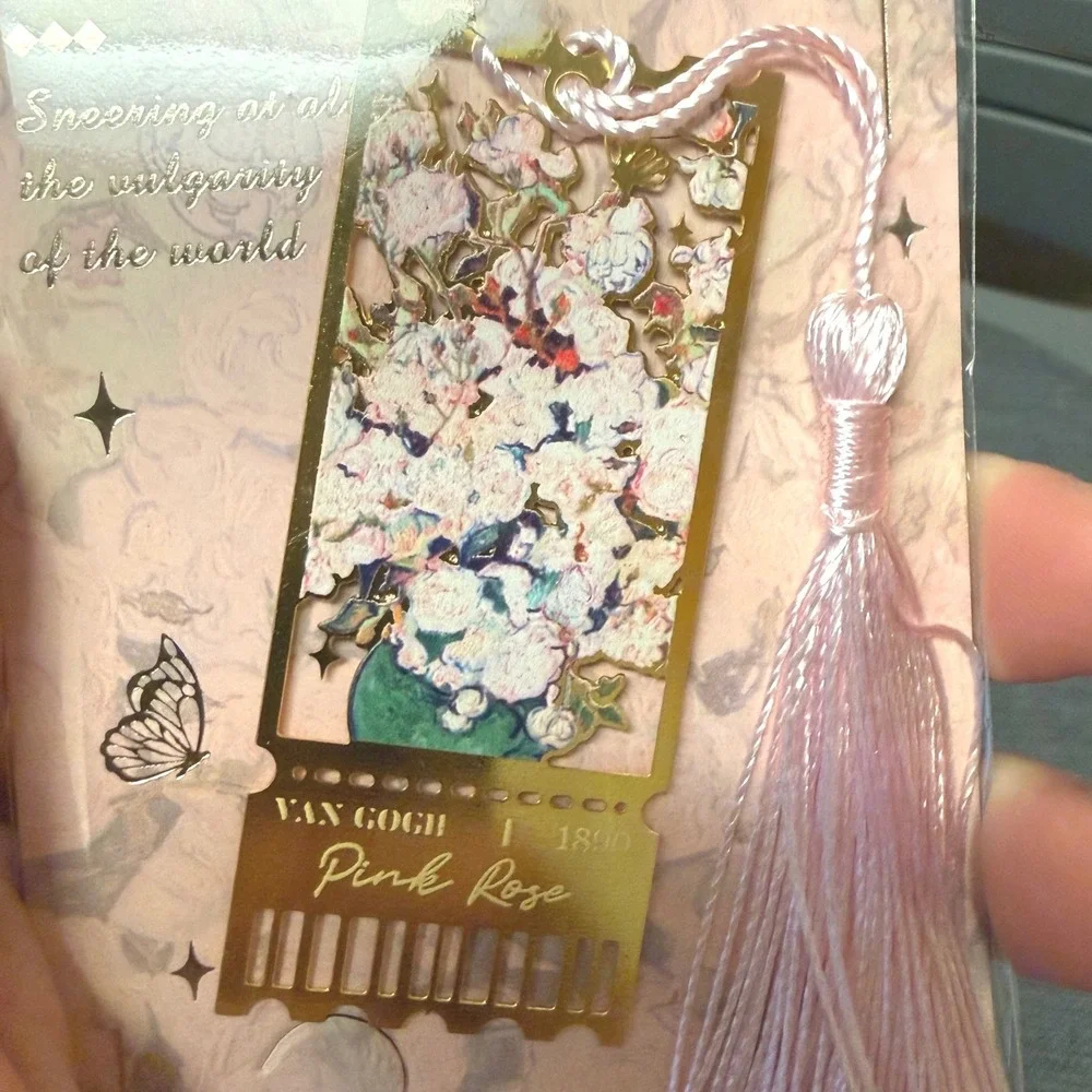 Van Gogh Metal Bookmark Set Purple Iris Pink Rose Floral Tassel Art 2pc NEW